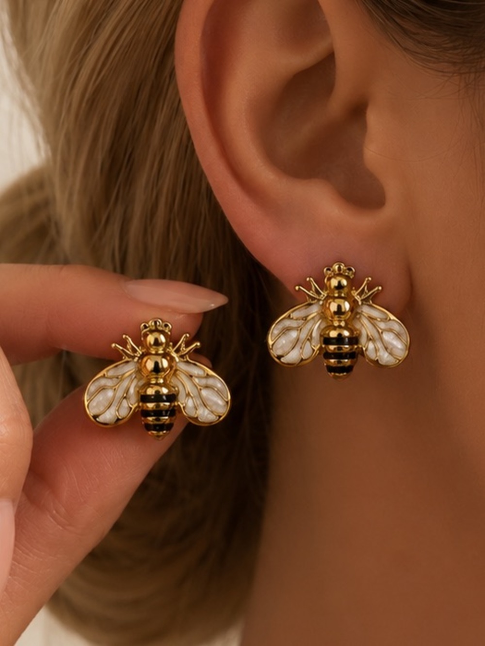 Gold Bee Earrings Black & White Hypoallergenic Bumblebee Studs Cute Honey Bee